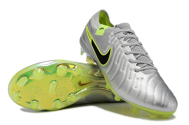 Nike Tiempo Parte superior plateada verde metálica con acentos neón lima Zapatos de fútbol para terreno firme 4