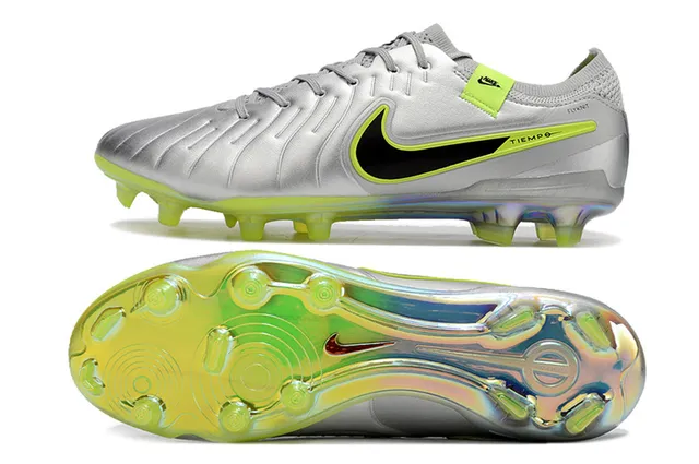 Nike Tiempo Parte superior plateada verde metálica con acentos neón lima Zapatos de fútbol para terreno firme 6