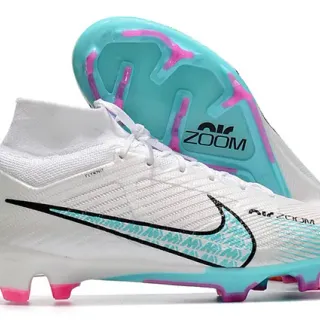Nike White Blue Flyknit Upper High-Cut Sock Collar Firm-Ground Soccer Shoes