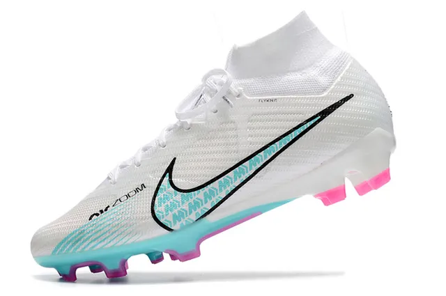 Nike Blanc Bleu Flyknit Haut Col de Chaussette Firm-Ground Chaussures de Football 4