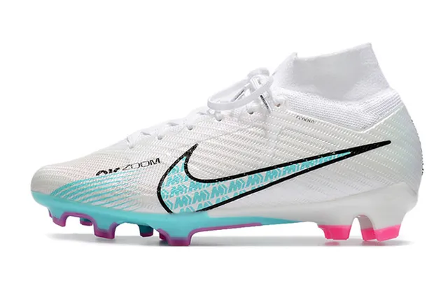 Nike Blanc Bleu Flyknit Haut Col de Chaussette Firm-Ground Chaussures de Football 5