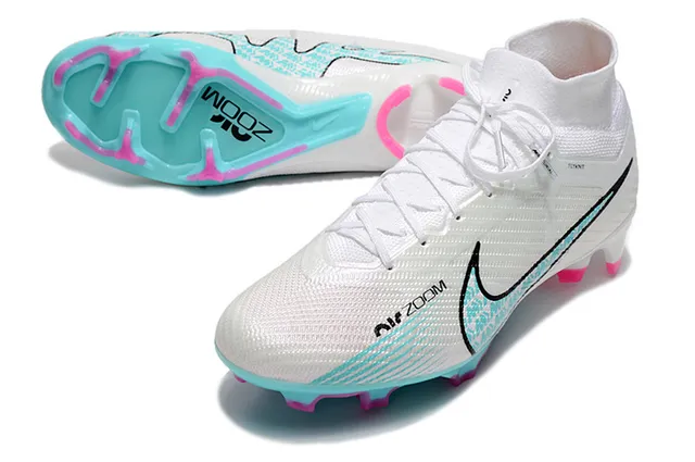 Nike Blanc Bleu Flyknit Haut Col de Chaussette Firm-Ground Chaussures de Football 6