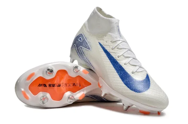 Nike Branco e Azul Alto Corte Colar Ajustado Calcetim Flyknit Superior Sola Firm-Ground Sapatos de Futebol 3