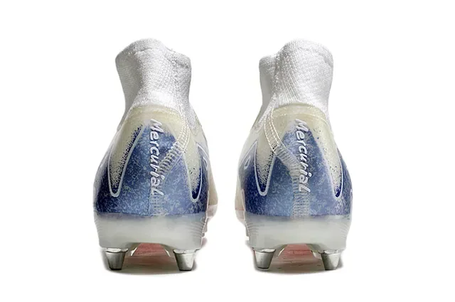 Nike Branco e Azul Alto Corte Colar Ajustado Calcetim Flyknit Superior Sola Firm-Ground Sapatos de Futebol 4