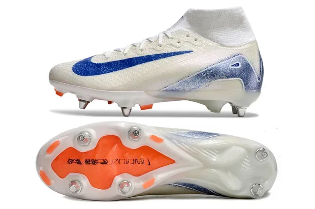 Nike Branco e Azul Alto Corte Colar Ajustado Calcetim Flyknit Superior Sola Firm-Ground Sapatos de Futebol 5
