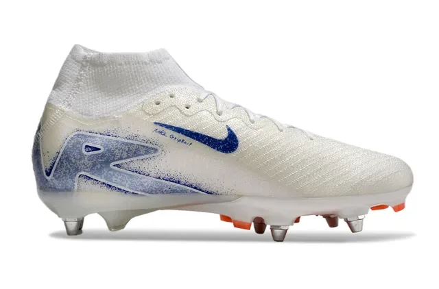 Nike Branco e Azul Alto Corte Colar Ajustado Calcetim Flyknit Superior Sola Firm-Ground Sapatos de Futebol 7