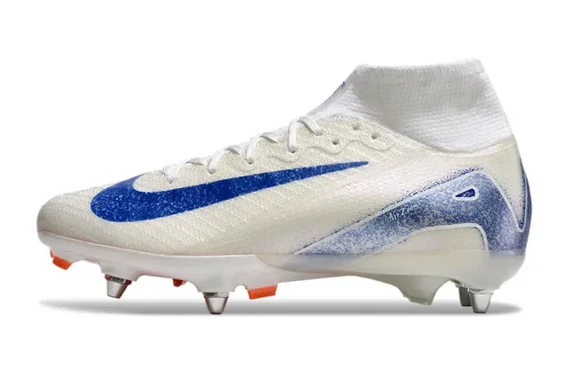 Nike Branco e Azul Alto Corte Colar Ajustado Calcetim Flyknit Superior Sola Firm-Ground Sapatos de Futebol 8