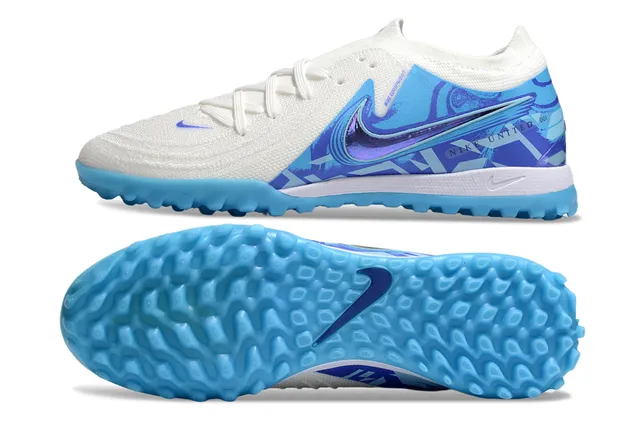 Nike White Blue Knit Upper Sock-Fit Collar Turf Soccer Shoes 6