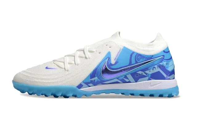 Nike White Blue Knit Upper Sock-Fit Collar Turf Soccer Shoes 7