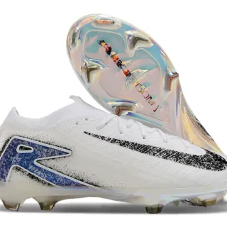 Nike White Blue Low-Cut Knit Upper Iridescent Sole Plate Firm-Ground Soccer Shoes