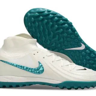 Nike Zapatos de fútbol Blanco Azul Cuello de calcetín Facetado Verde Turquesa Swoosh Césped