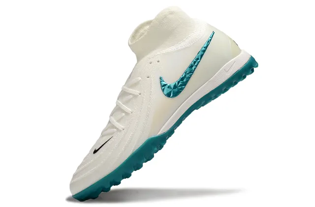 Nike Sapatos de futebol Branco Azul Colar de meia Facetado Verde turquesa Swoosh Gramado 3