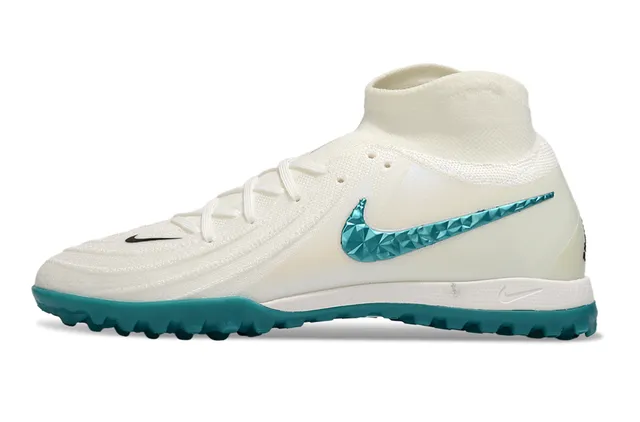 Nike Sapatos de futebol Branco Azul Colar de meia Facetado Verde turquesa Swoosh Gramado 7