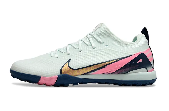 Nike White Pink Knit Upper Asymmetrical Swoosh Overlay Turf Soccer Shoes 8
