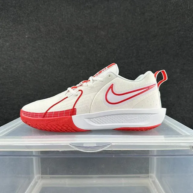 Nike White Red Low-Top Textured Woven Upper Basketball Shoes 2