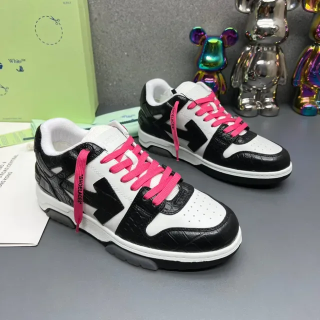 Off-White Tênis Lifestyle Couro Crocodilo Embossado Preto Rosa Logo Seta Diagonal 7