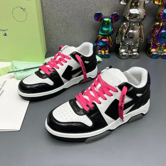 Off-White Tênis Lifestyle Couro Crocodilo Embossado Preto Rosa Logo Seta Diagonal 8