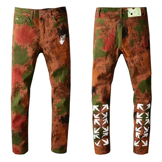 Off-White Multicolor Printed Maple Leaf Camouflage Diagonal Arrow Graphics Jeans 1