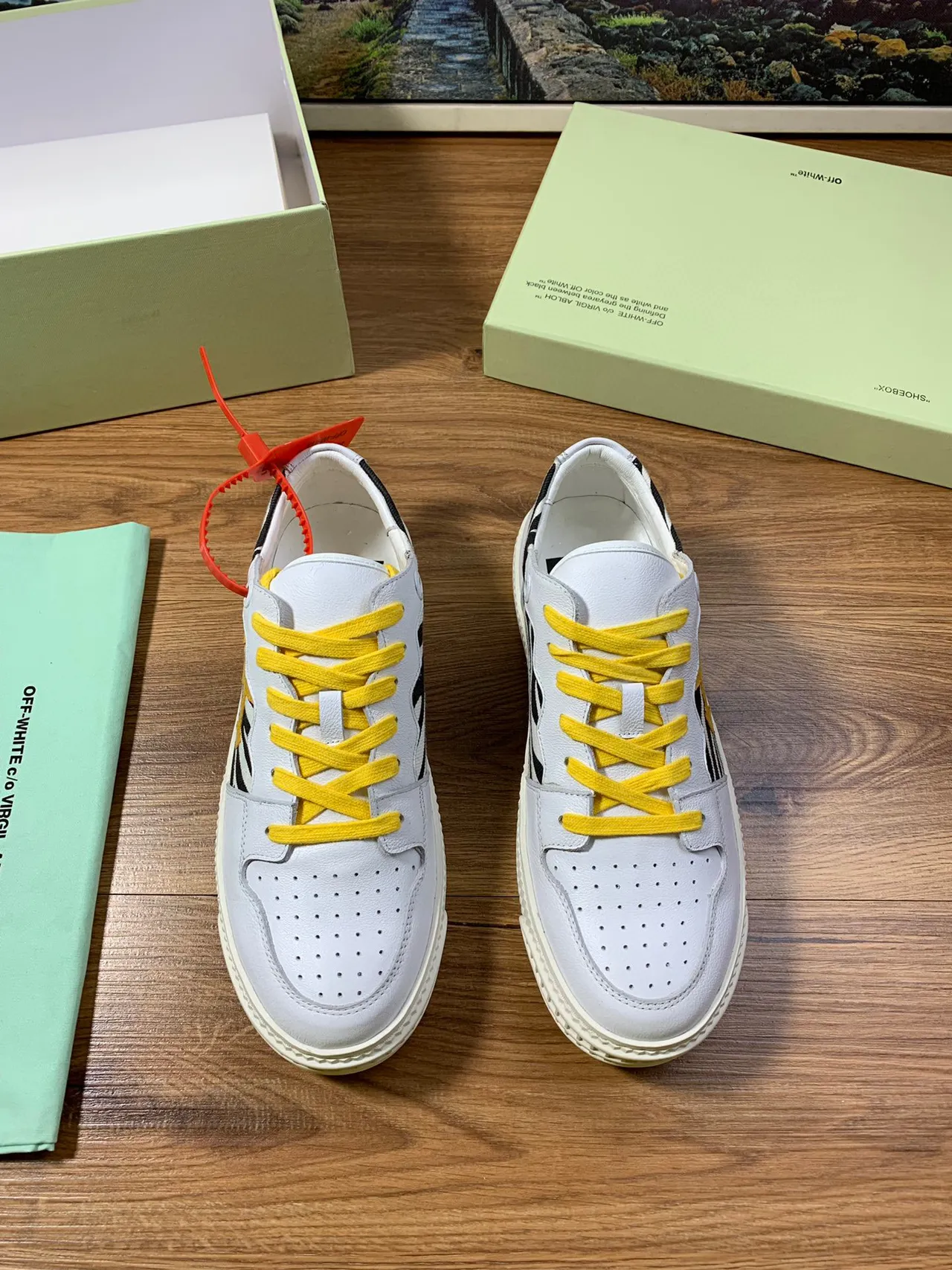 Off-White Yellow Perforated Leather Toe Zebra-Print Side Panel Lifestyle Sneakers 9