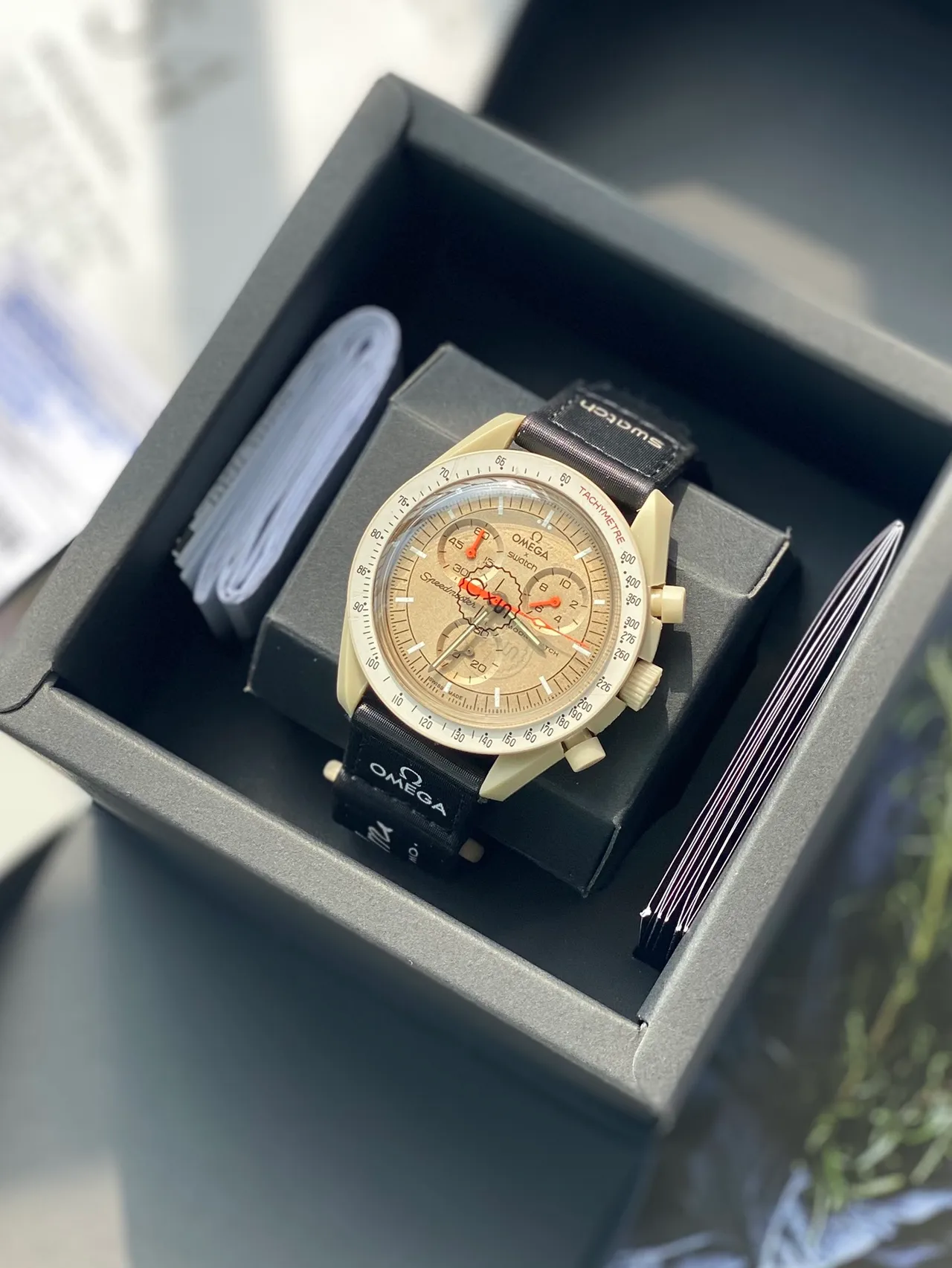 Omega x Swatch Speedmaster Chronograph Beige and Black Mechanical Watch 7