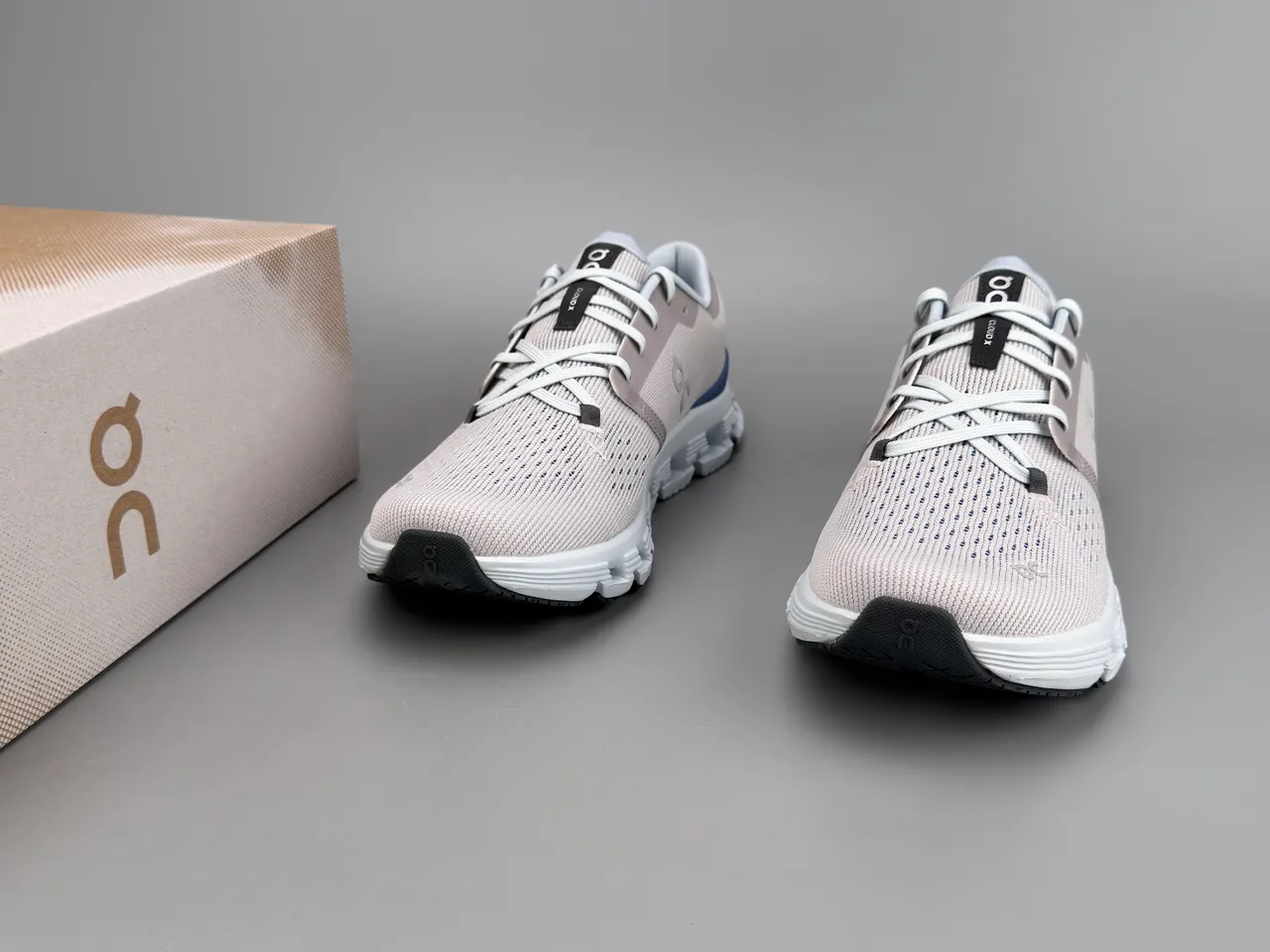 On Beige Blue Engineered Knit Upper Segmented CloudTec Midsole Running Shoes 3