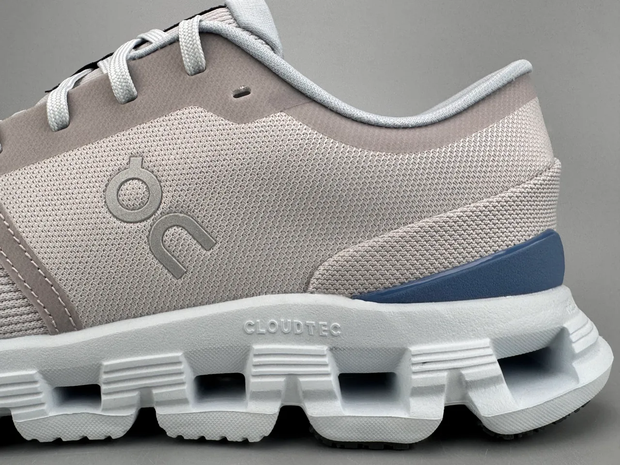 On Beige Blue Engineered Knit Upper Segmented CloudTec Midsole Running Shoes 5