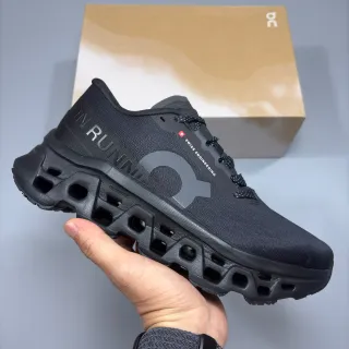 On Black Gray Hollow-Pod Midsole Engineered Knit Upper Running Shoes