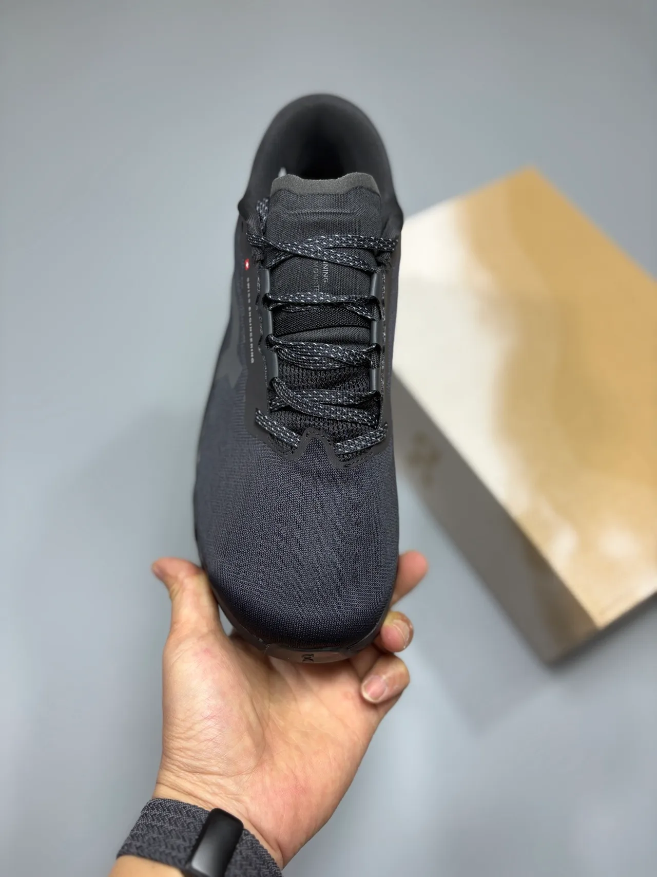 On Black Gray Hollow-Pod Midsole Engineered Knit Upper Running Shoes 2