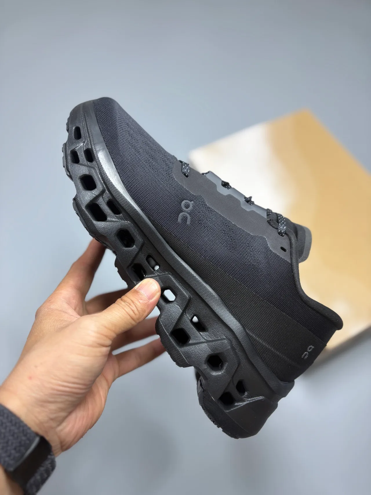 On Black Gray Hollow-Pod Midsole Engineered Knit Upper Running Shoes 3