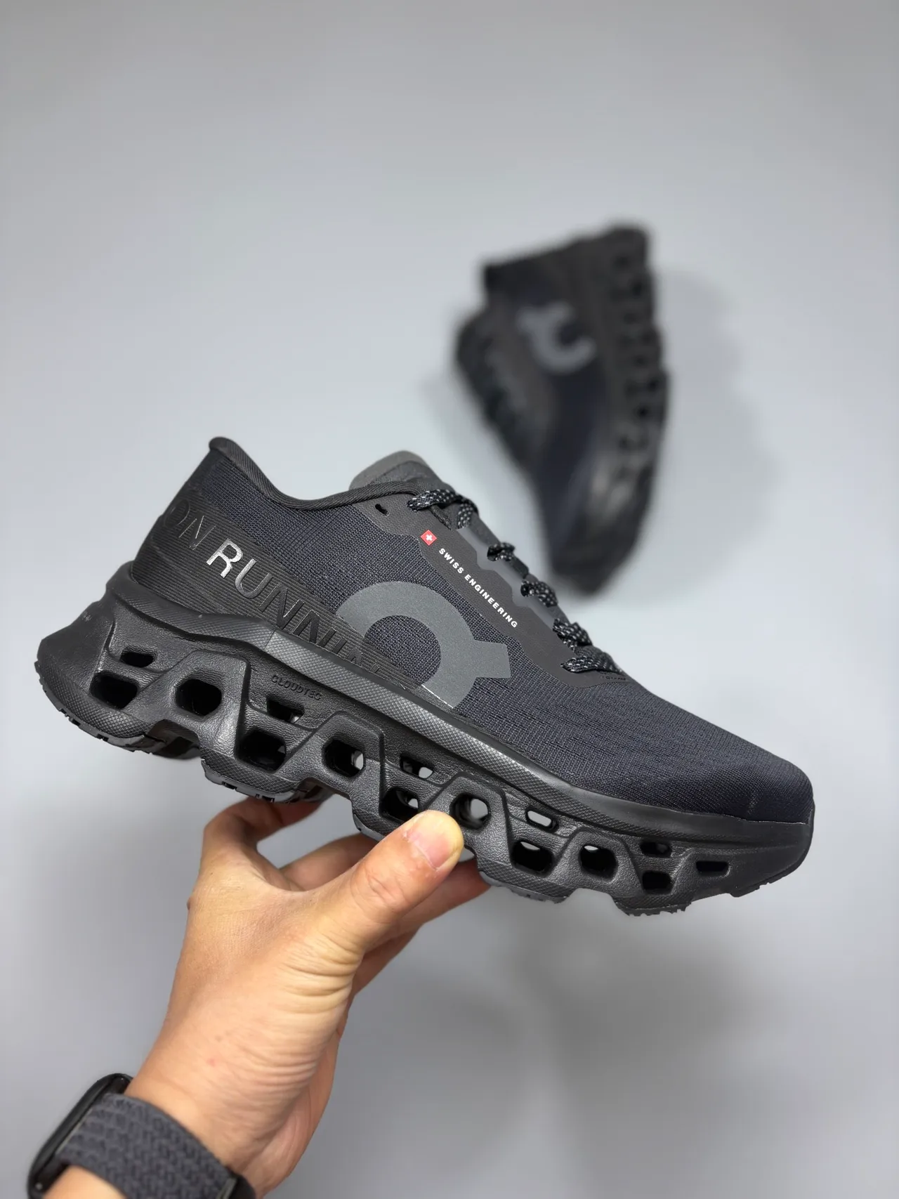 On Black Gray Hollow-Pod Midsole Engineered Knit Upper Running Shoes 6