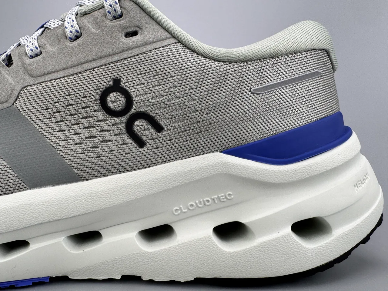 On Cloudmonster Gray and Blue Running Shoes 3