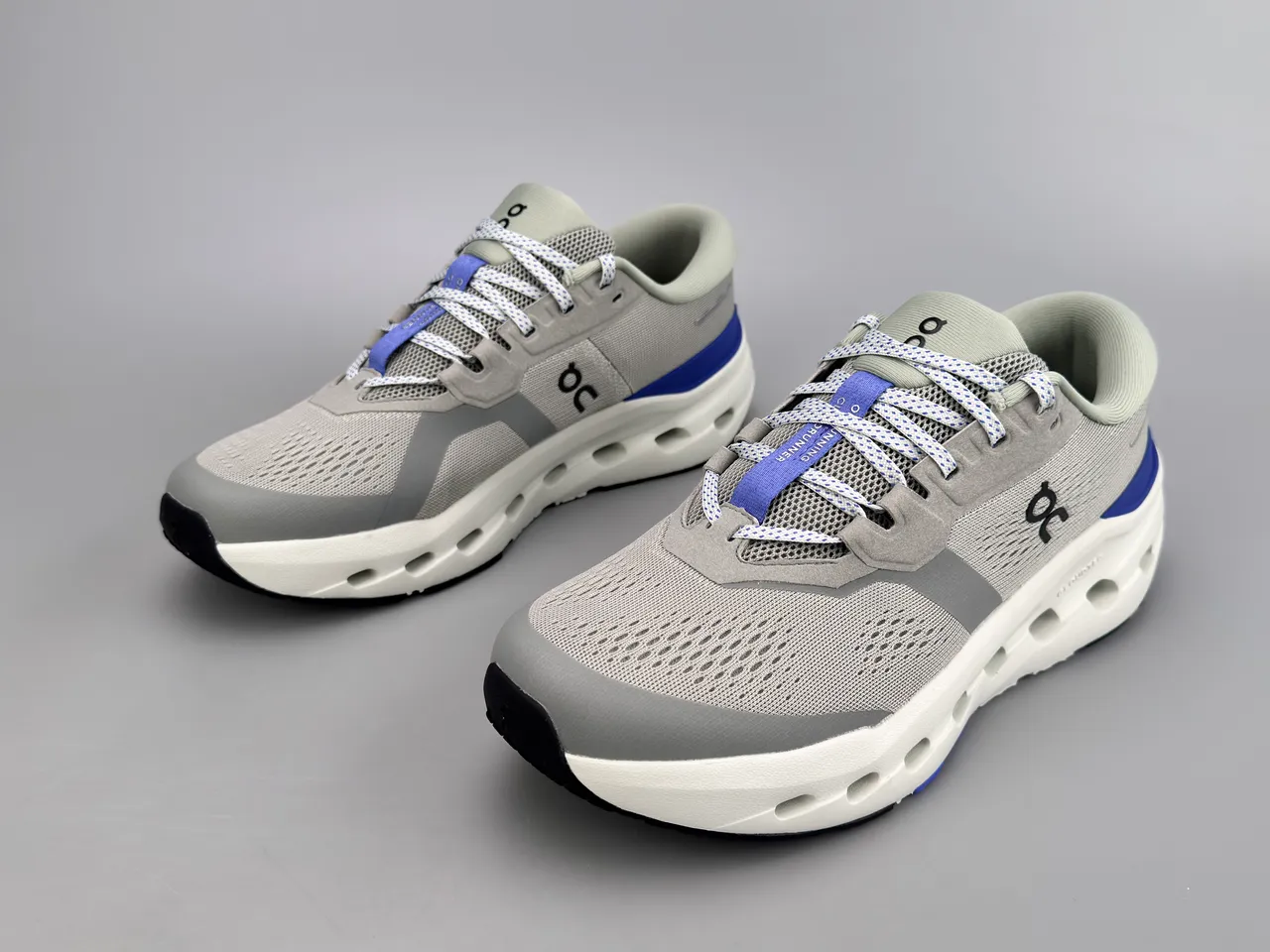 On Cloudmonster Gray and Blue Running Shoes 7