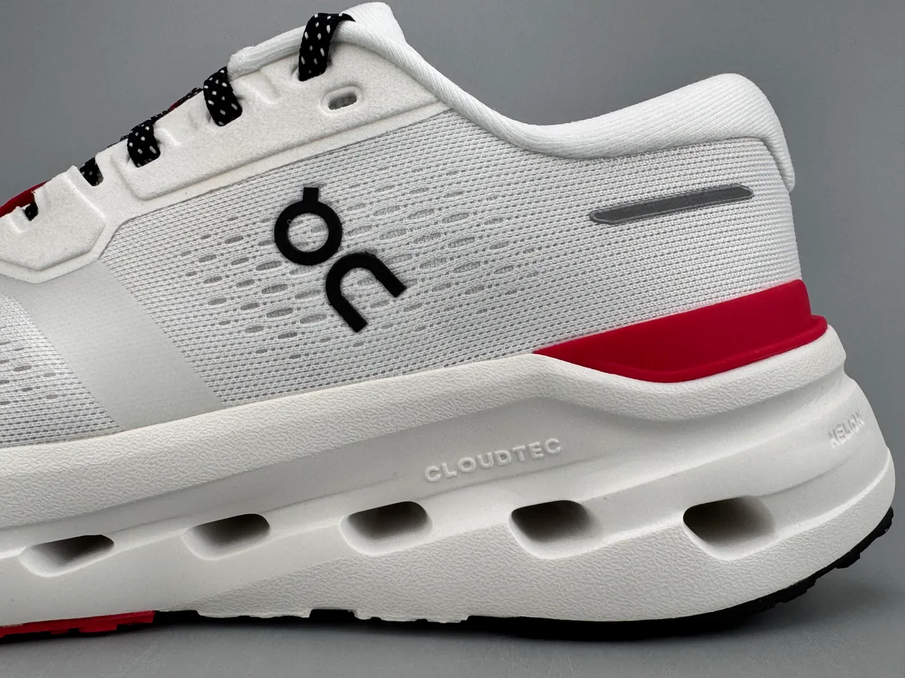 On White Red Engineered Mesh Upper Open Hexagonal CloudTec Pods Running Shoes 7