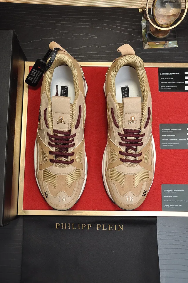 Philipp Plein Active بيج بورجوندي سول سداسية لوحة علامة أحذية رياضية سميكة 9