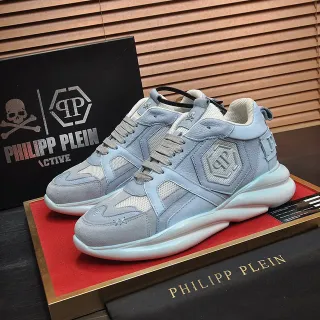 Philipp Plein Active Light Blue Layered Leather and Mesh Chunky Sneakers