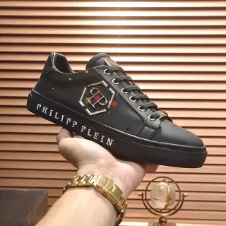 Philipp Plein Black Gold Leather-Like Upper Metallic Hexagonal Logo Lifestyle Sneakers