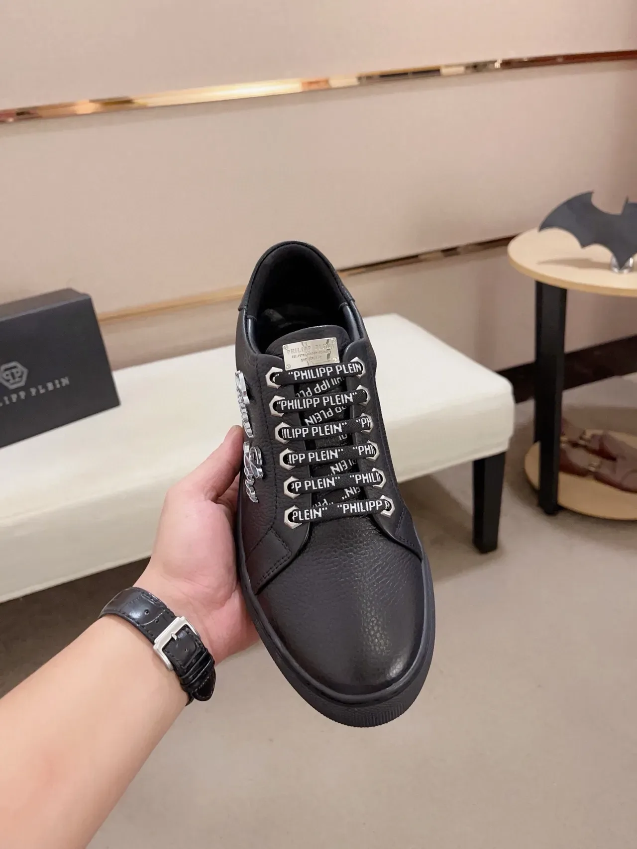 Philipp Plein Black Leather Script Logo Lifestyle Sneakers 2