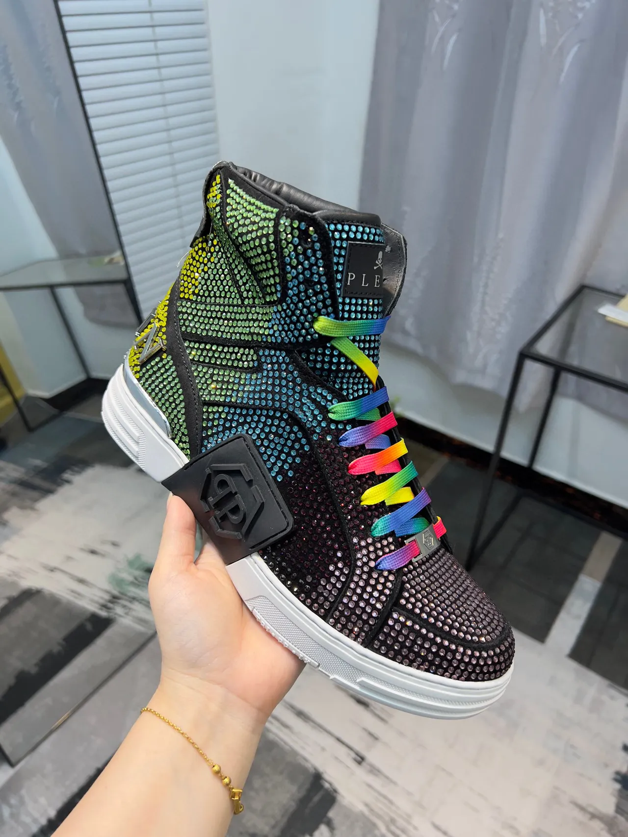 Philipp Plein Chaussures Lifestyle Noires Multicolores Hautes avec Cristaux Embellished 6
