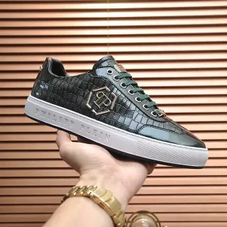 Philipp Plein Black White Crocodile-Embossed Leather Metallic Monogram Plaque Lifestyle Sneakers