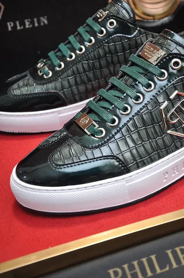 Philipp Plein Preto Branco Couro com Embossado de Crocodilo Placa Monograma Metálico Sneakers Lifestyle 3