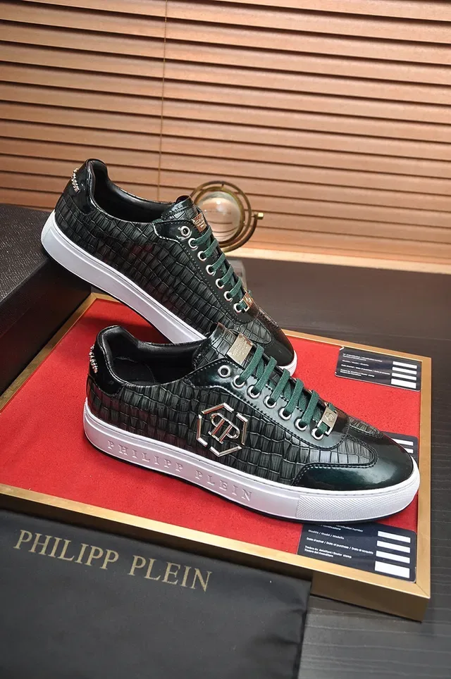 Philipp Plein Preto Branco Couro com Embossado de Crocodilo Placa Monograma Metálico Sneakers Lifestyle 5