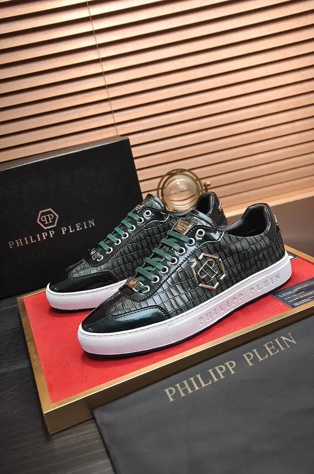 Philipp Plein Preto Branco Couro com Embossado de Crocodilo Placa Monograma Metálico Sneakers Lifestyle 7