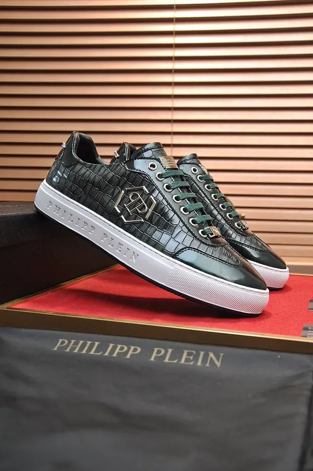 Philipp Plein Preto Branco Couro com Embossado de Crocodilo Placa Monograma Metálico Sneakers Lifestyle 8