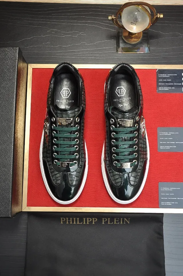 Philipp Plein Preto Branco Couro com Embossado de Crocodilo Placa Monograma Metálico Sneakers Lifestyle 9