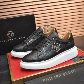 Philipp Plein 黑白粒面皮革六边形金属标志生活方式运动鞋
