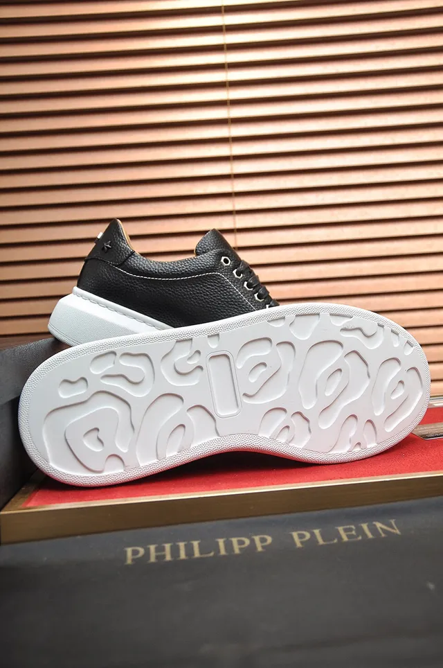 Philipp Plein Noir Blanc Cuir Pebbled Hexagonal Logo Métal Chaussures Lifestyle 2