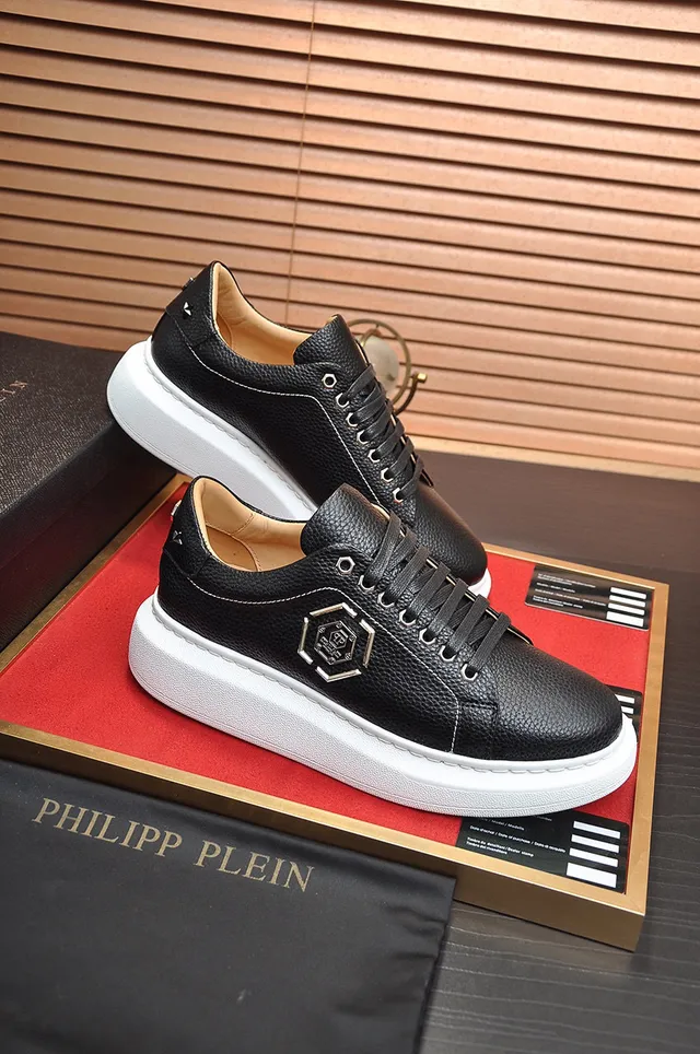 Philipp Plein Noir Blanc Cuir Pebbled Hexagonal Logo Métal Chaussures Lifestyle 3