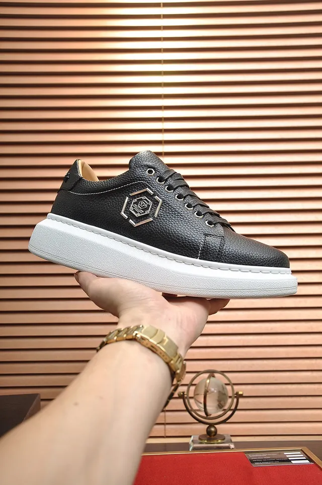 Philipp Plein Noir Blanc Cuir Pebbled Hexagonal Logo Métal Chaussures Lifestyle 5