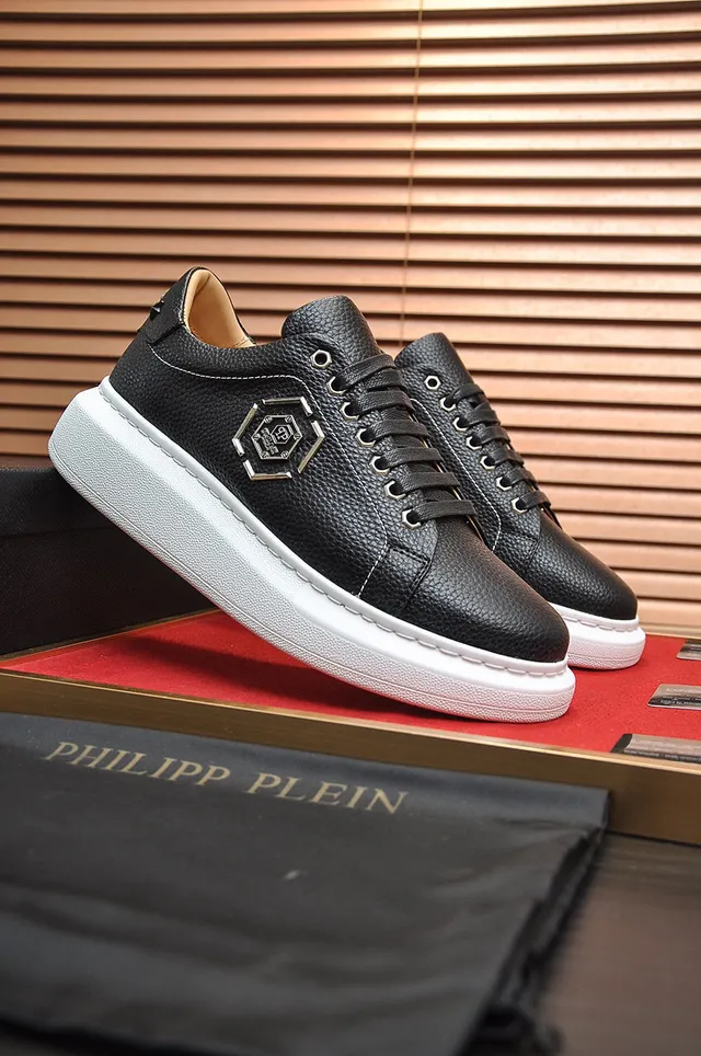 Philipp Plein Noir Blanc Cuir Pebbled Hexagonal Logo Métal Chaussures Lifestyle 6