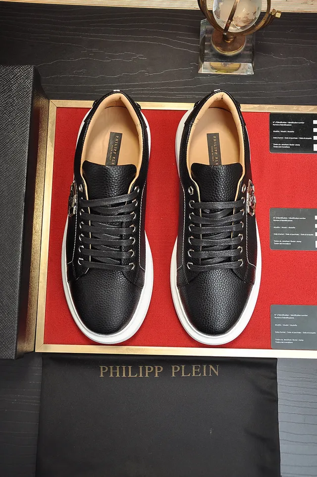 Philipp Plein Noir Blanc Cuir Pebbled Hexagonal Logo Métal Chaussures Lifestyle 7